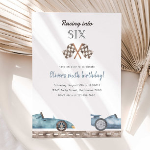 Racing Into Six Blue Car 5th Birthday Invitation