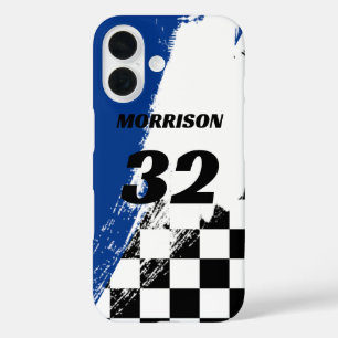 Racing Name Number Blue Black and White iPhone 16 Case