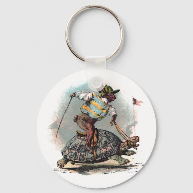Racing Rabbit Riding Tortoise Key Ring (Front)