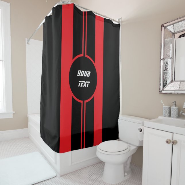 Racing Red Double Stripes Sports Custom Shower Curtain (In Situ)