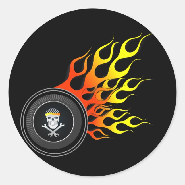 Racing Skull in Flaming Wheel Classic Round Sticker (Front)