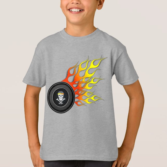 Racing Skull Wheel Flames T-Shirt (Front)