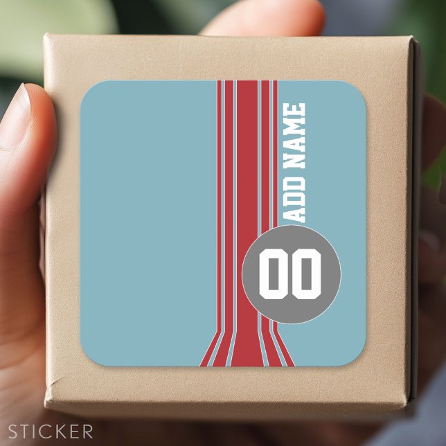 Racing Stripes with Custom Name and Number Square Sticker (Custom Sticker - Personalize with your info for a party favor or gift)