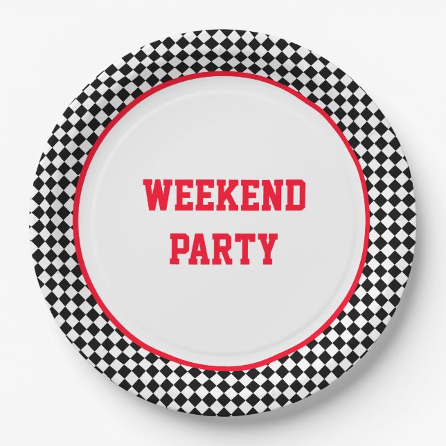 Racing Themed Black and White Check Paper Plate (Front)