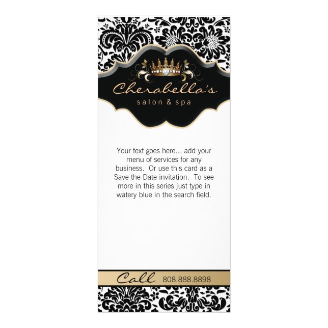 Rack Card Damask Gold Floral Salon Crown Fashion (Front)