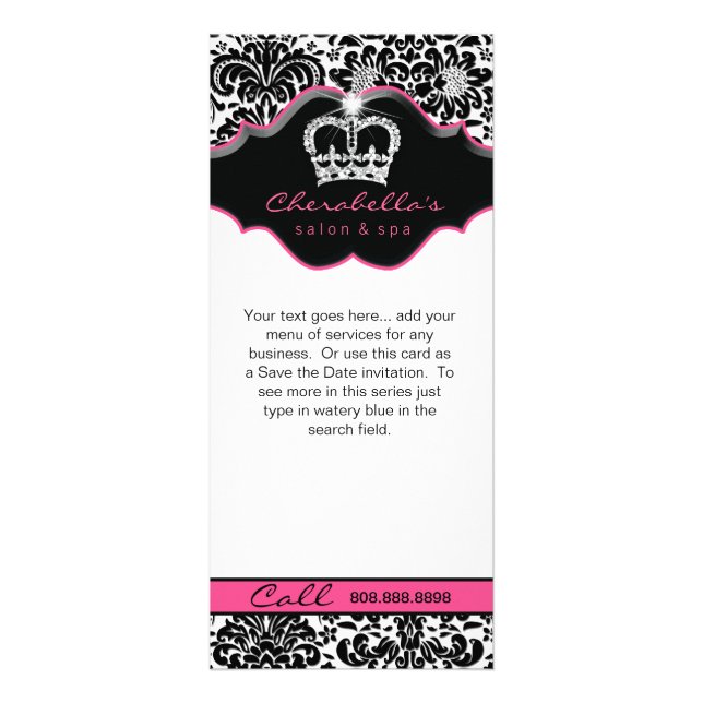 Rack Card Damask White Black Pink Floral Crown (Front)
