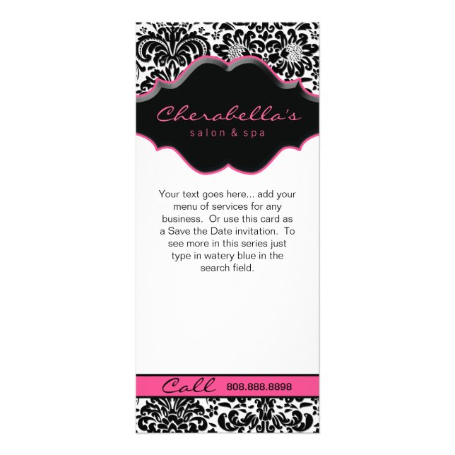 Rack Card Damask White Black Pink Floral Frame (Front)