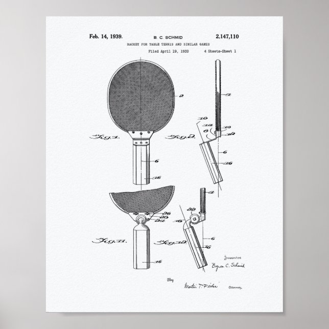Racket Table Tennis 1939 Patent Art - White Paper Poster (Front)
