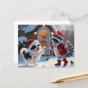 Racoon and a Cute Dog Festive Christmas Postcard