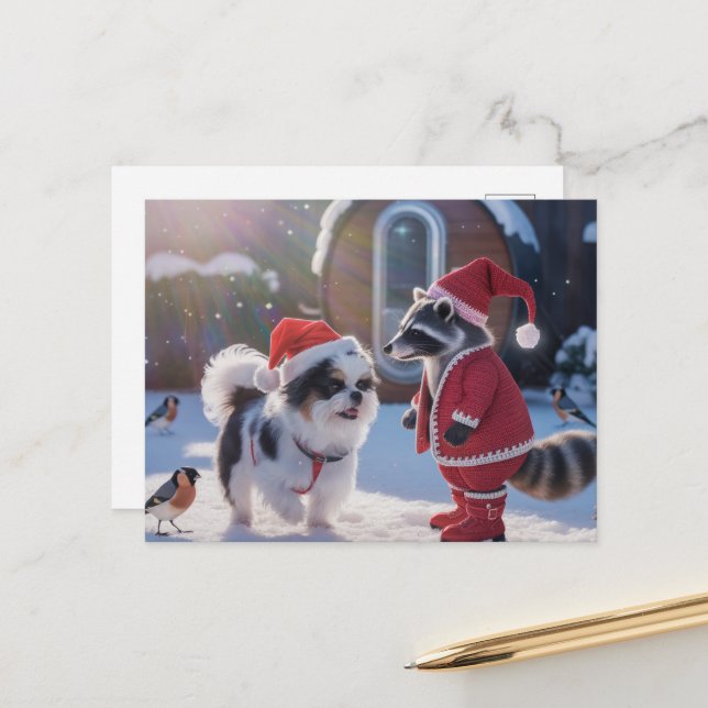 Racoon and a Dog Festive Christmas Postcard (Front/Back In Situ)