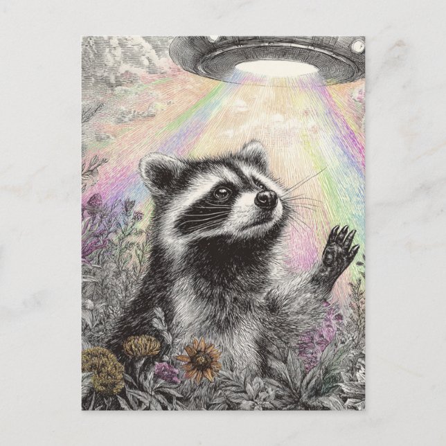 Racoon and a UFO Postcard (Front)