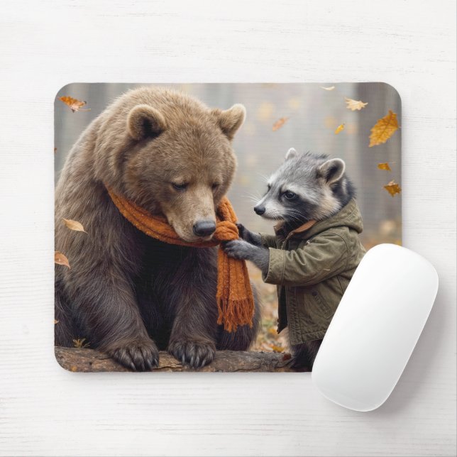 Racoon and Bear In Autumn Forest Mouse Pad (With Mouse)
