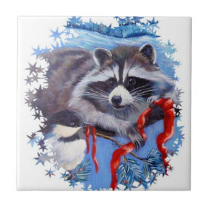 Racoon and Chickadee Winter ceramic tile