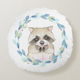 Racoon and floral wreath round cushion