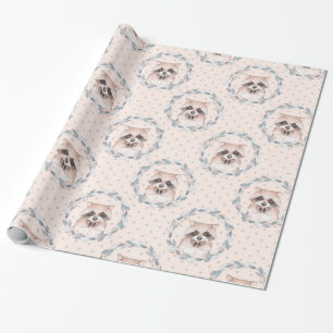 Racoon and floral wreath. Watercolor pattern Wrapping Paper