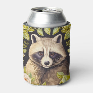 Racoon and green leaves inspired William Morris Can Cooler
