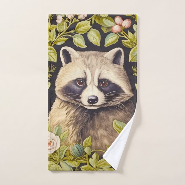 Racoon and green leaves inspired William Morris Hand Towel (Hand Towel)