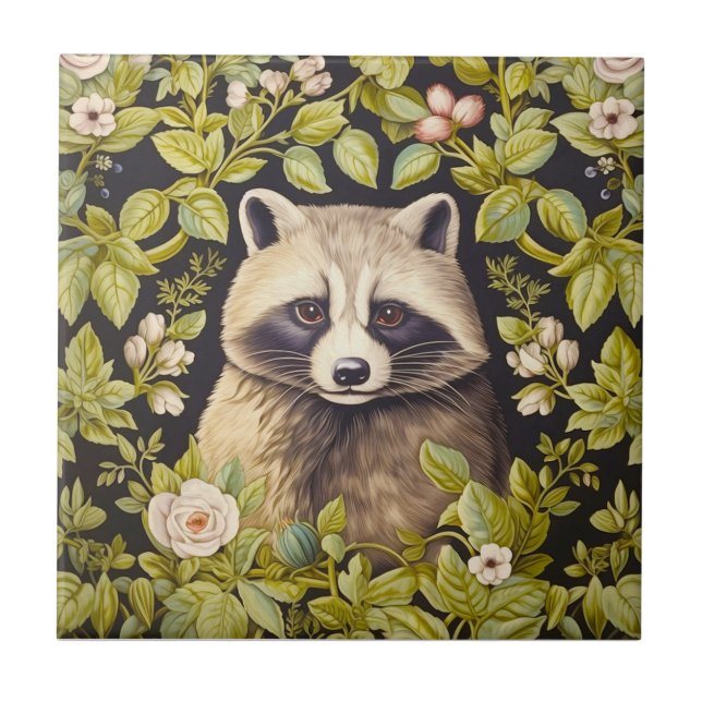 Racoon and green leaves inspired William Morris Tile (Front)