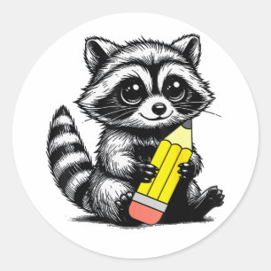 Racoon and Pencil Cute Racoon Teacher Lover Classic Round Sticker
