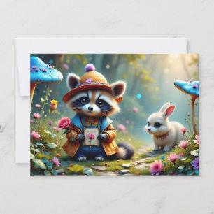 Racoon and rabbit with greeting card