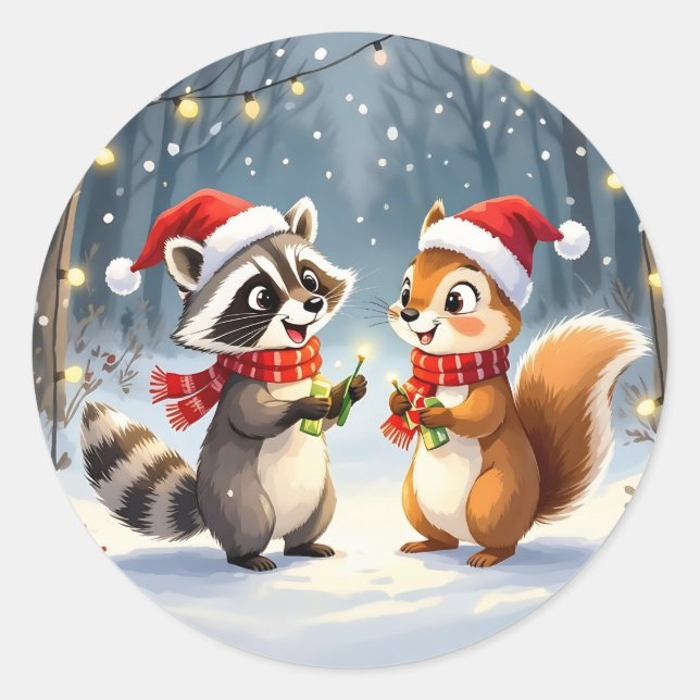 Racoon and Squirrel Hanging Christmas Lights  Classic Round Sticker (Front)