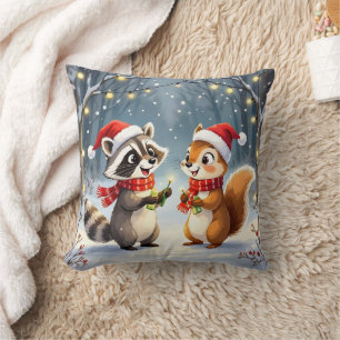Racoon and Squirrel Hanging Christmas Lights  Cushion