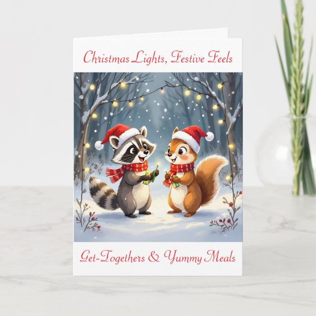 Racoon and Squirrel Hanging Christmas Lights  Holiday Card (Front)