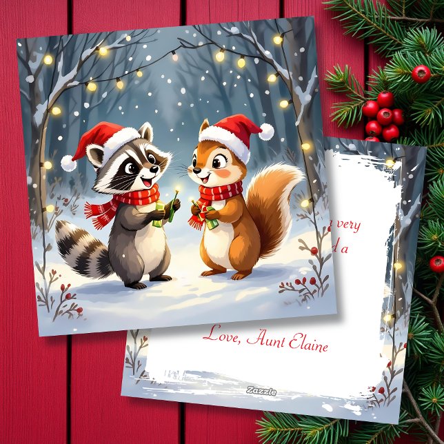 Racoon and Squirrel Hanging Christmas Lights  Holiday Card (Creator Uploaded)
