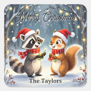 Racoon and Squirrel Hanging Christmas Lights  Square Sticker