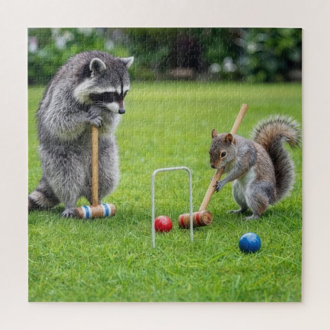 Racoon and Squirrel Playing Croquet Jigsaw Puzzle (Vertical)