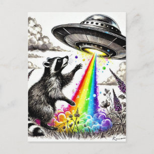 Racoon and the Rainbow UFO in a wildflower meadow Postcard