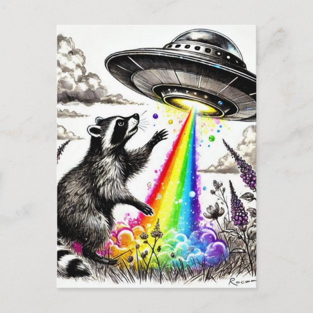 Racoon and the Rainbow UFO in a wildflower meadow Postcard (Front)