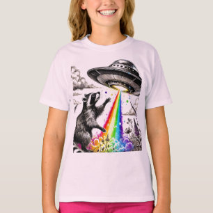 Racoon and the Rainbow UFO in a wildflower meadow T-Shirt