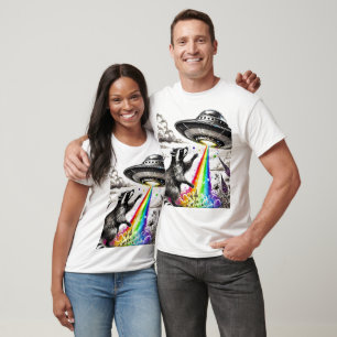 Racoon and the Rainbow UFO in a wildflower meadow T-Shirt