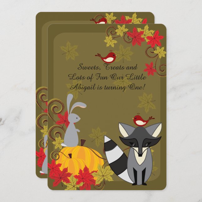 Racoon and Woodland Animals Autumn 1st Birthday Invitation (Front/Back)