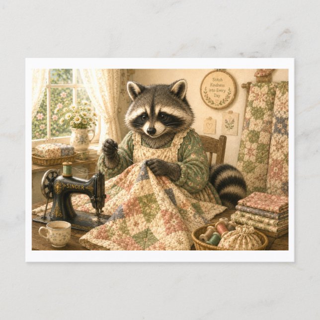 Racoon as Quilter Postcard (Front)