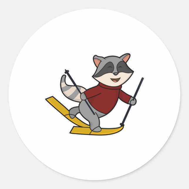 Racoon as Skier with Skis & Ski poles Classic Round Sticker (Front)