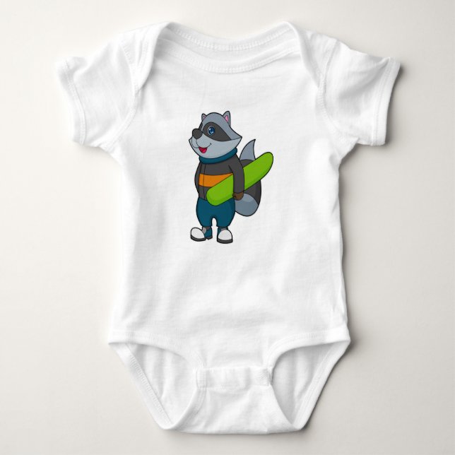 Racoon as Snowboarder with Snowboard Baby Bodysuit (Front)