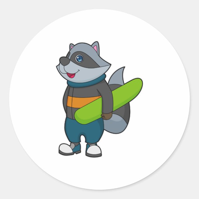 Racoon as Snowboarder with Snowboard Classic Round Sticker (Front)