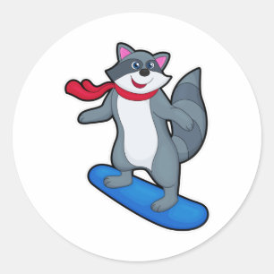 Racoon as Snowboarder with Snowboard & Scarf Classic Round Sticker