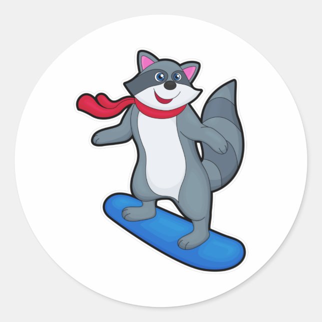 Racoon as Snowboarder with Snowboard & Scarf Classic Round Sticker (Front)