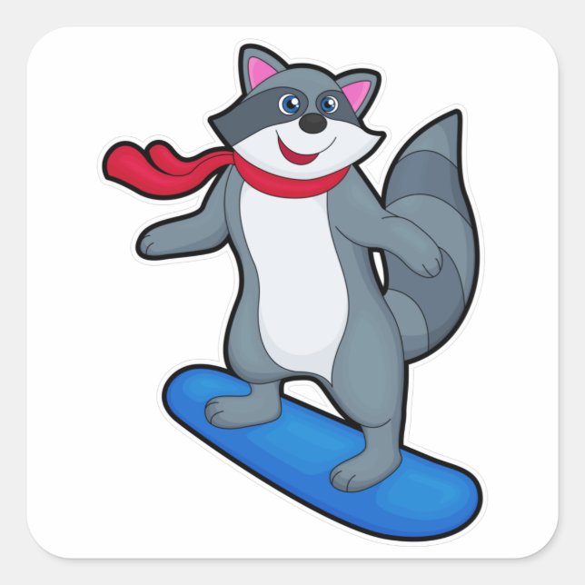 Racoon as Snowboarder with Snowboard & Scarf Square Sticker (Front)