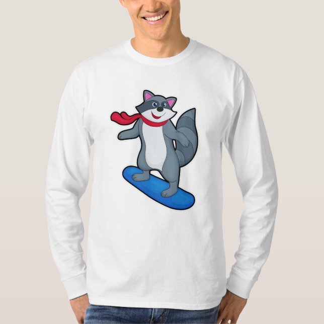 Racoon as Snowboarder with Snowboard & Scarf T-Shirt (Front)