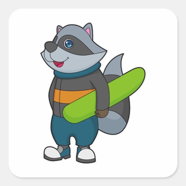 Racoon as Snowboarder with Snowboard Square Sticker (Front)