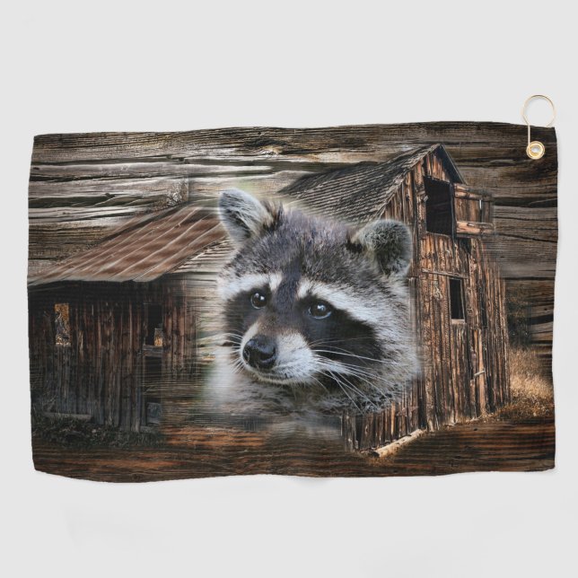 Racoon At The Old Barn Golf Towel (Horizontal)