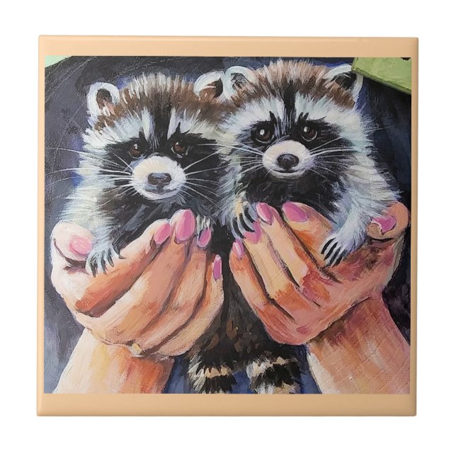 Racoon Babies in Hands Tile (Front)