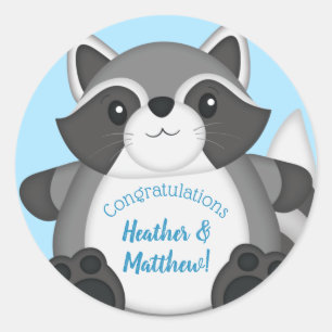 Racoon Baby Shower Blue Classic Round Sticker
