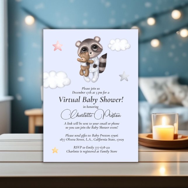 Racoon Baby Shower Blue Virtual Invitation (Gentle Baby Boy Raccoon Blue Baby Shower Virtual Invitation)
