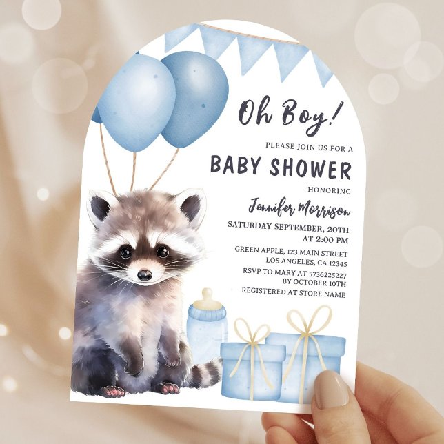 Racoon Baby Shower Boy Blue Balloons Arch Invitation (Creator Uploaded)