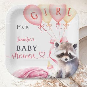 Racoon Baby Shower Girl Pink Cute Paper Plate